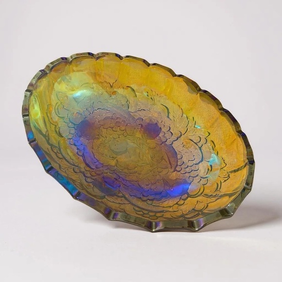 Vintage Indiana Amber Carnival Glass Footed Bowl - Fruit Pattern - Picture 4 of 10